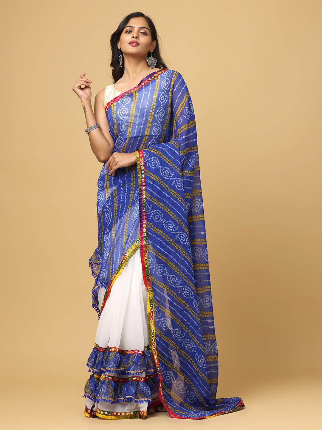 

VASTRANAND Bandhani Printed Mirror Work Half And Half Ruffled Saree, Blue