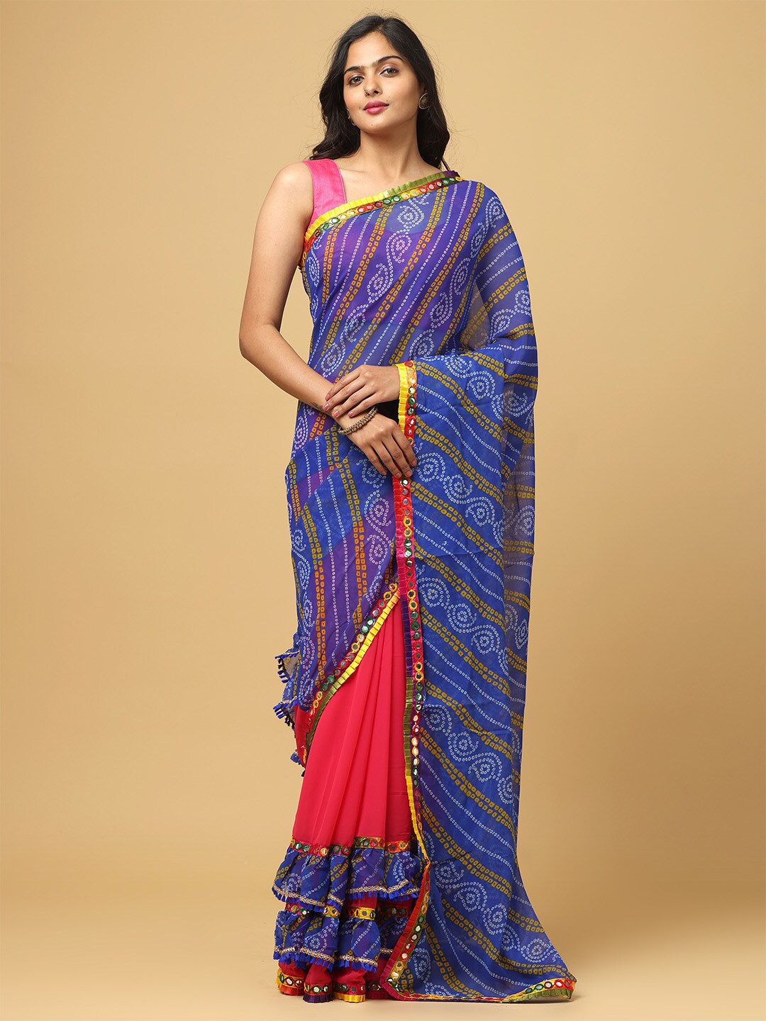 

VASTRANAND Bandhani Printed Kutchi Embroidery Half and Half Saree, Blue