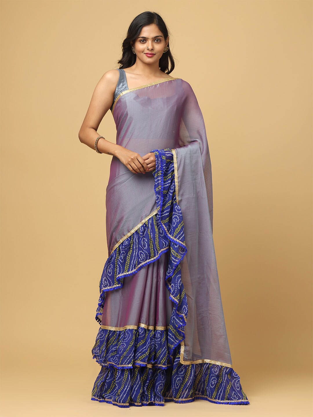 

VASTRANAND Gotta Patti Half And Half Ruffled Saree, Blue