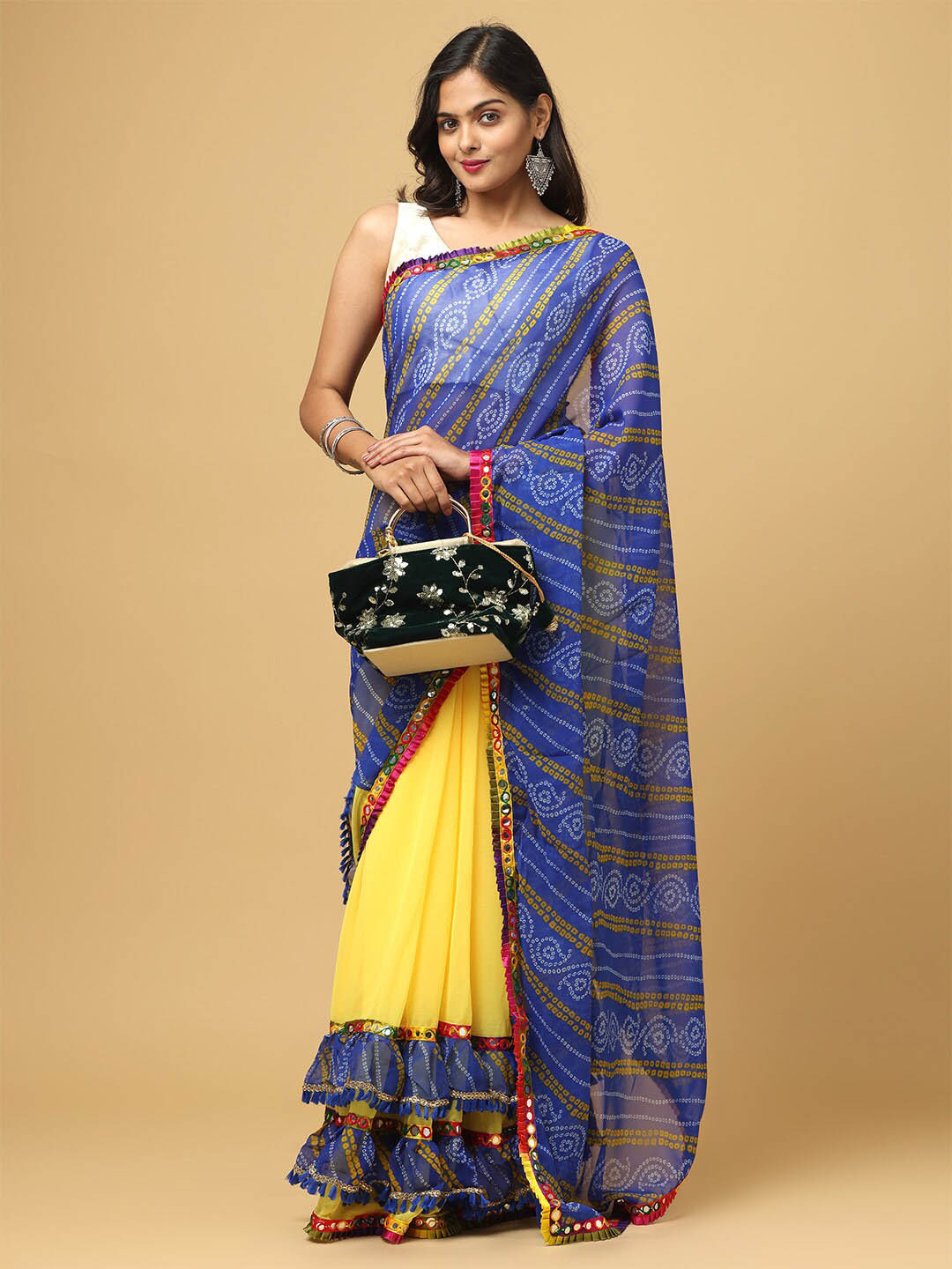 

VASTRANAND Bandhani Printed Mirror Work Half And Half Ruffled Saree, Yellow