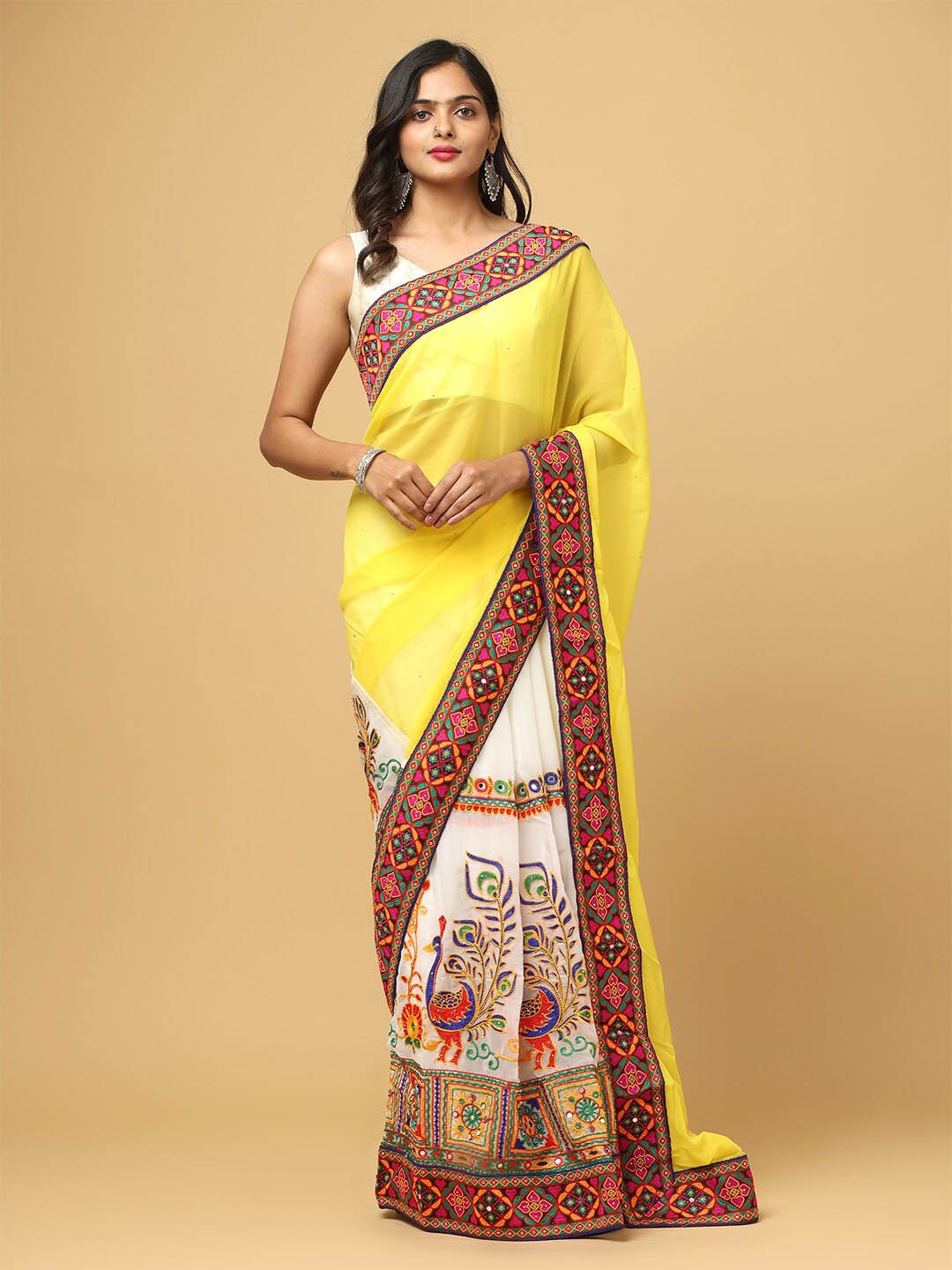 

VASTRANAND Kutchi Embroidered Half And Half Saree, Yellow