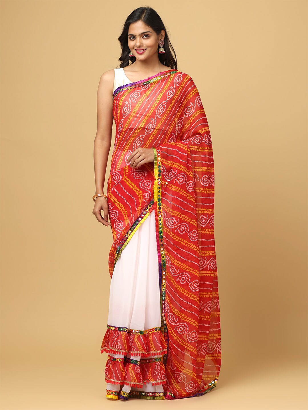 

VASTRANAND Bandhani Printed Mirror Work Ruffles Half and Half Saree, Red