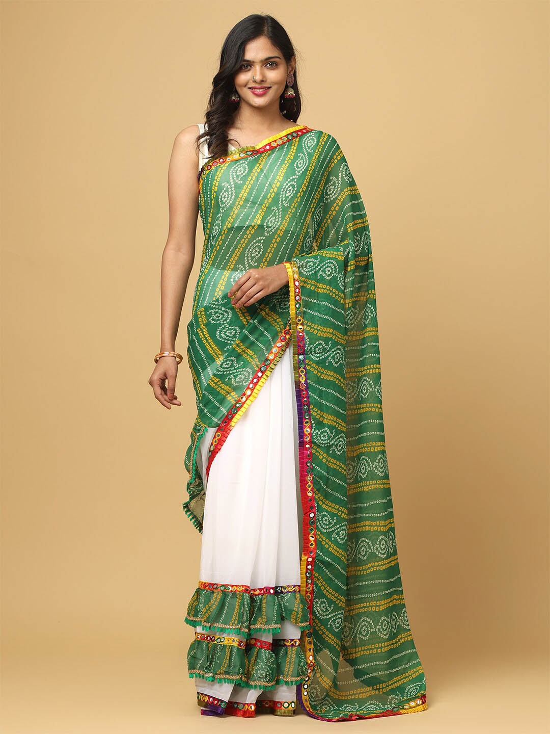 

VASTRANAND Bandhani Printed Kutchi Embroidery Ruffles Saree, Green