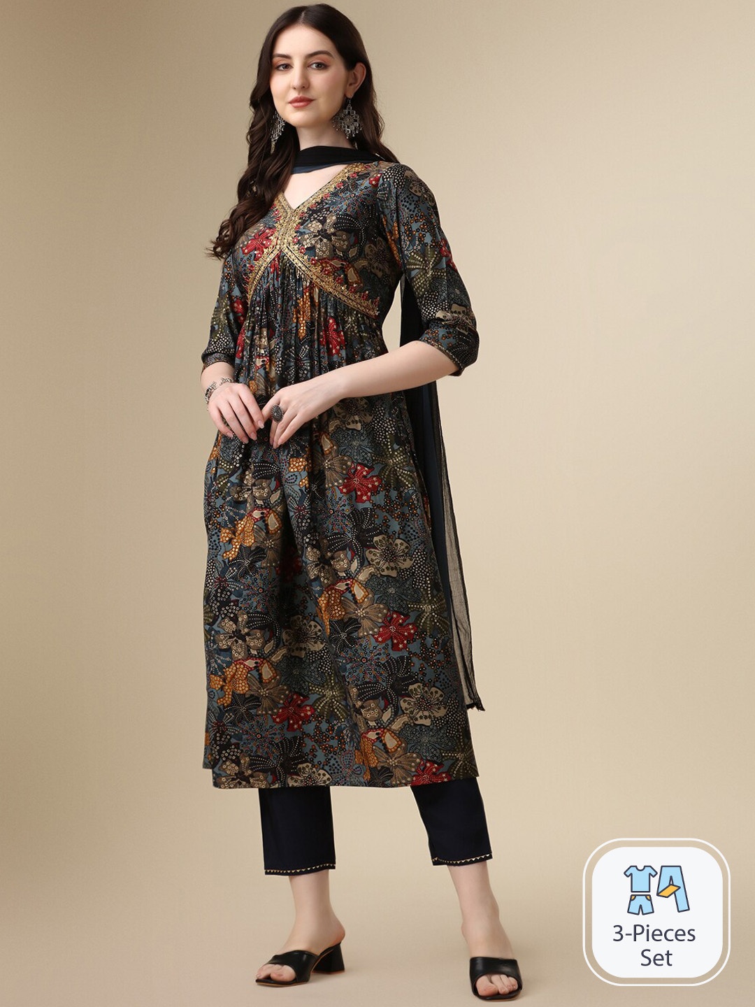 

KALINI Floral Printed Empire Gotta Patti A-Line Kurta & Trousers With Dupatta, Charcoal