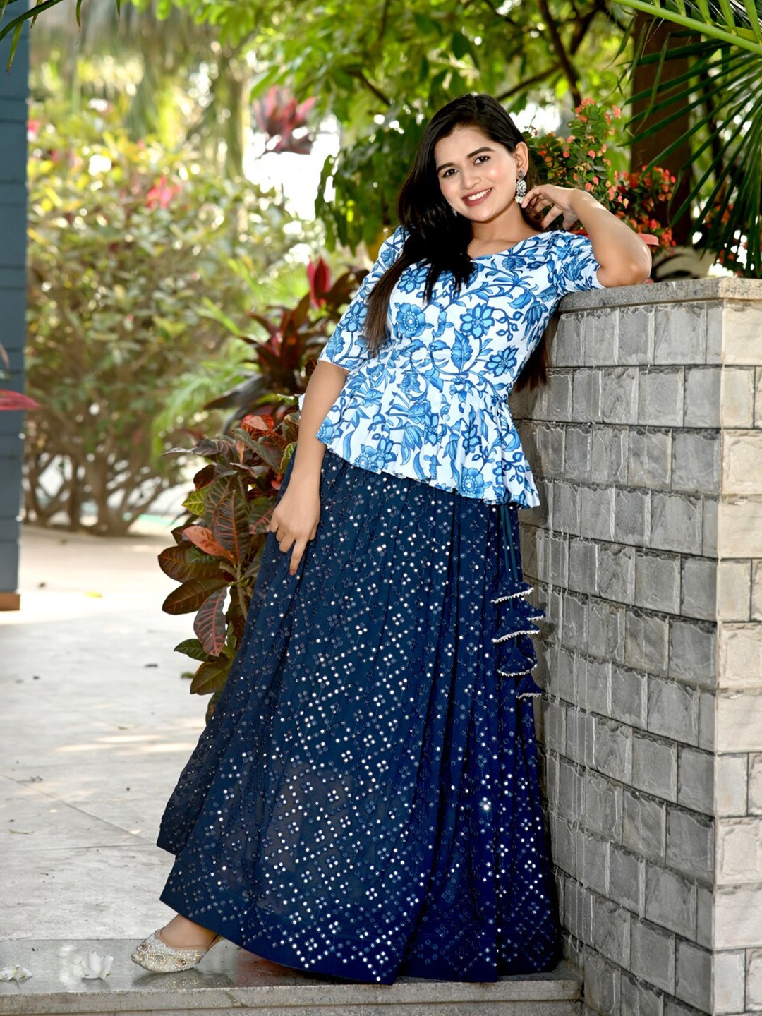 

PMD Fashion Embroidered Sequinned Batik Ready to Wear Lehenga With Blouse, Blue
