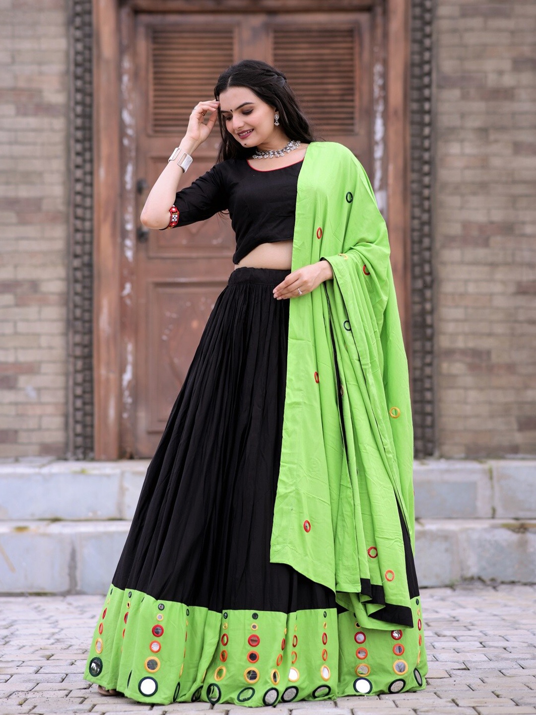 

PMD Fashion Mirror Work Ready To Wear Lehenga Choli With Dupatta, Green