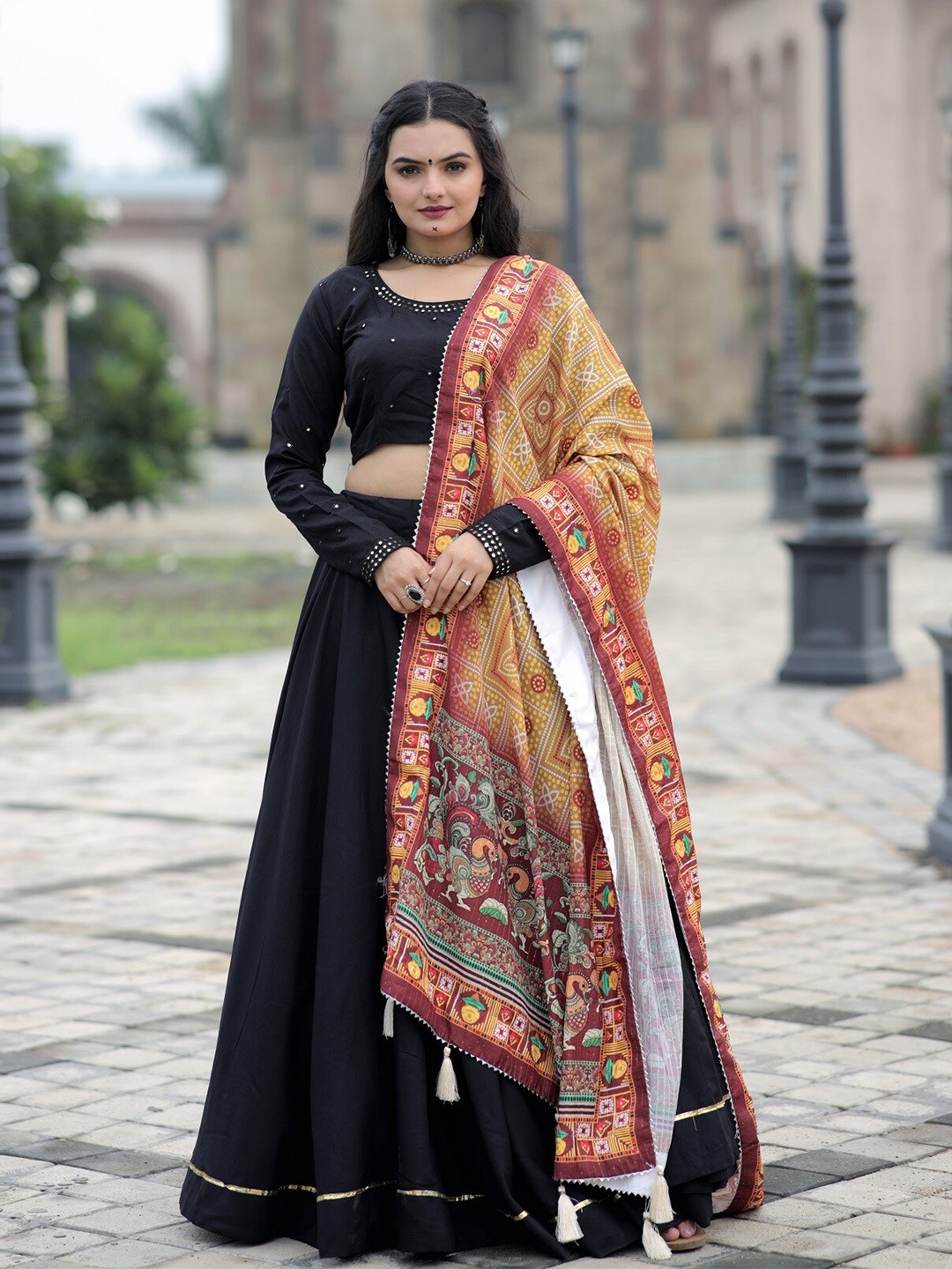 

PMD Fashion Embroidered Semi-Stitched Lehenga & Blouse With Dupatta, Black