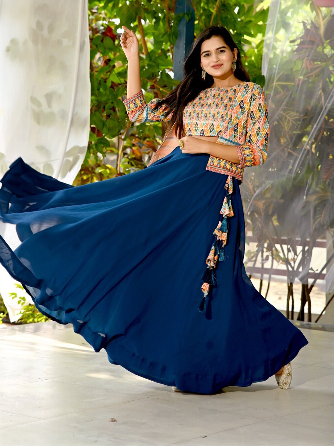 

PMD Fashion Ethnic Motif Printed Ready To Wear Lehenga Choli With Waist Coat, Blue