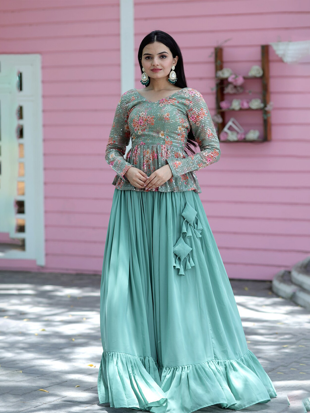 

PMD Fashion Floral Printed Sequinned Ready to Wear Lehenga Choli, Turquoise blue