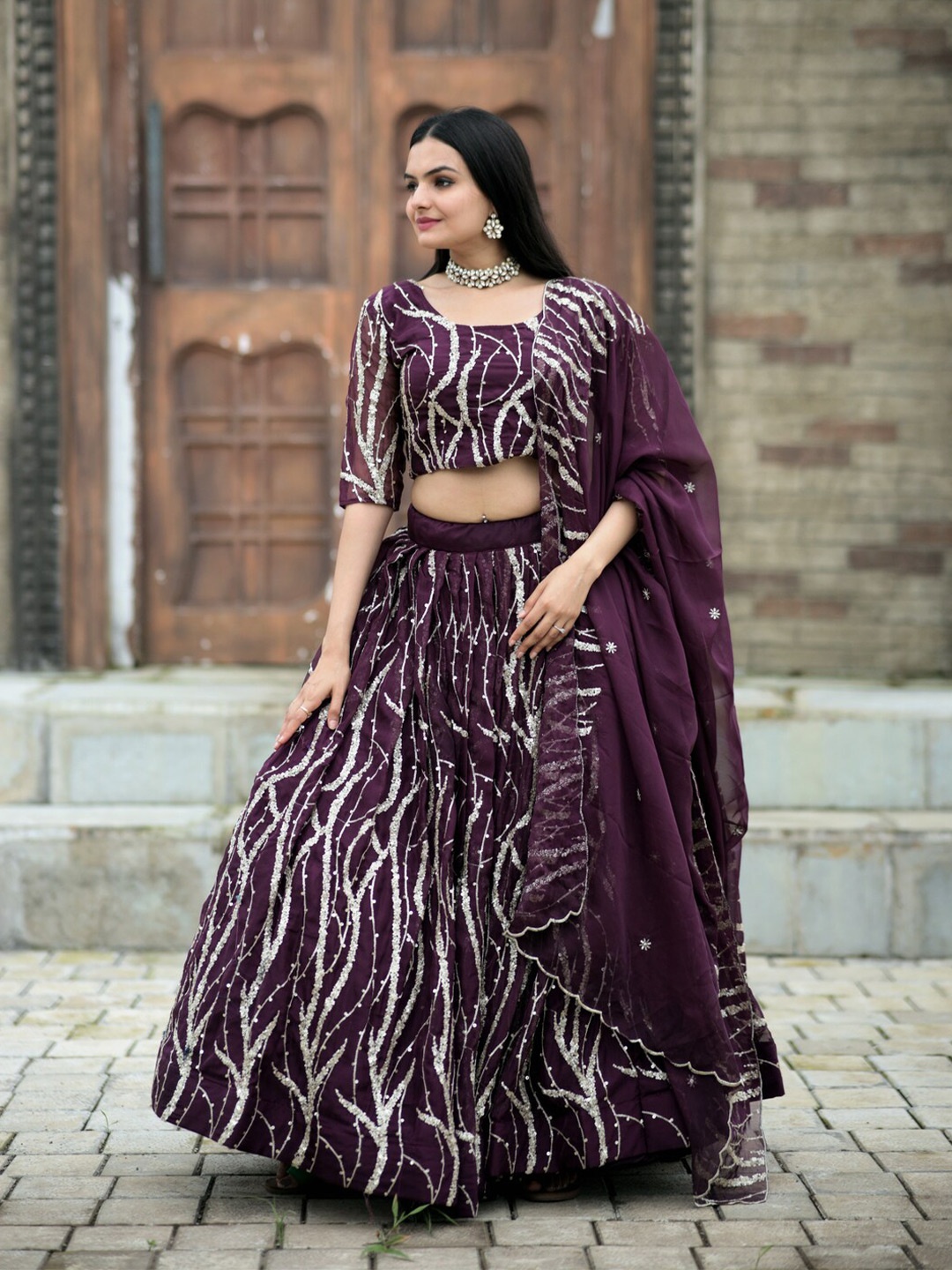 

PMD Fashion Embroidered Sequinned Silk Semi-Stitched Lehenga & Blouse With Dupatta, Purple