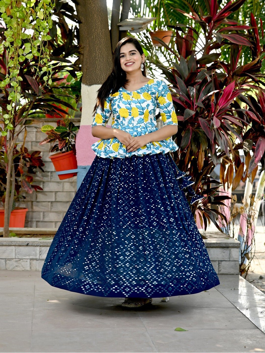 

PMD Fashion Floral Printed Sequinned Batik Ready to Wear Lehenga & Choli, Blue