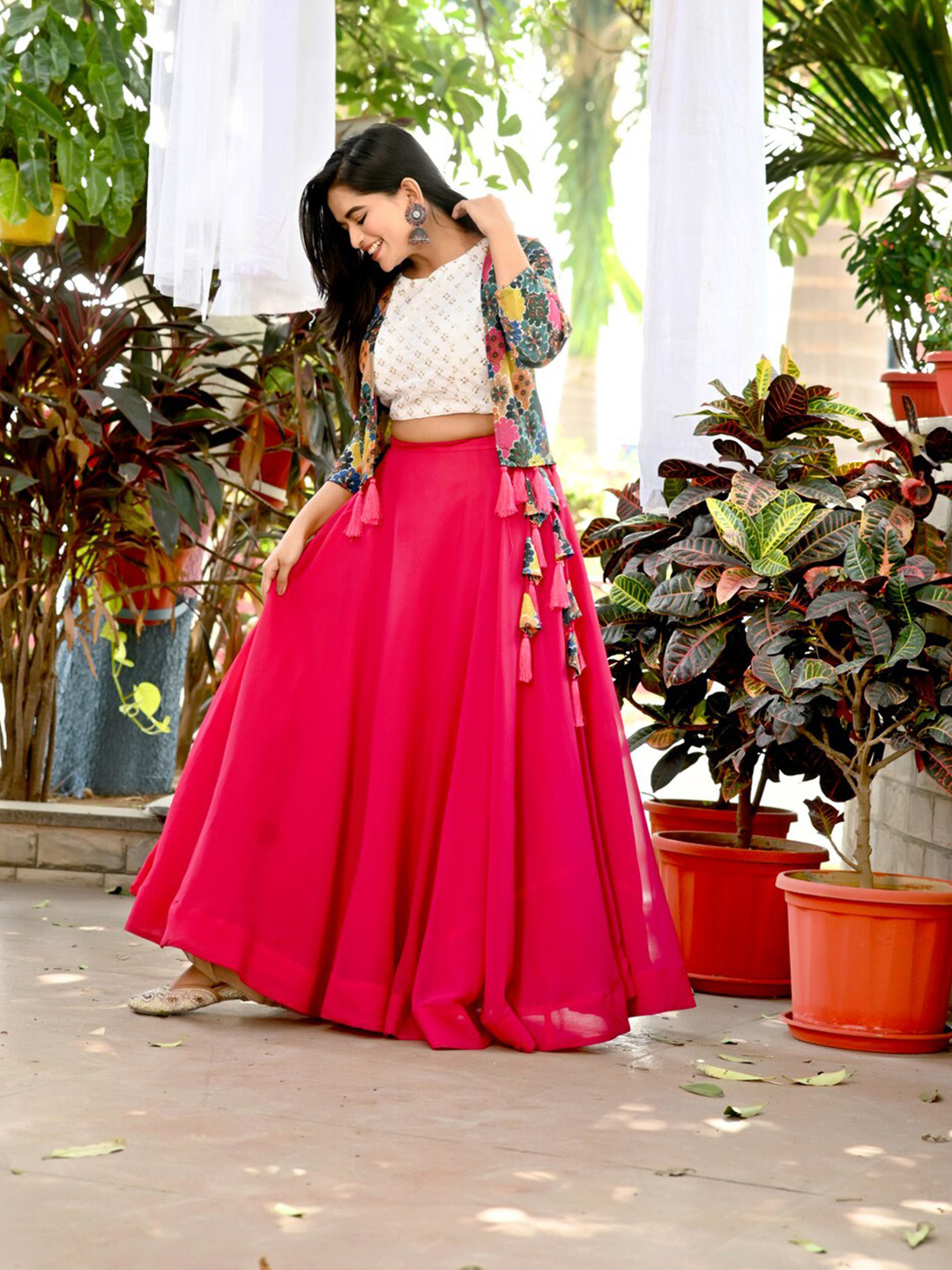 

PMD Fashion Embroidered Sequinned Ikat Ready to Wear Lehenga With Blouse & Jacket, Pink