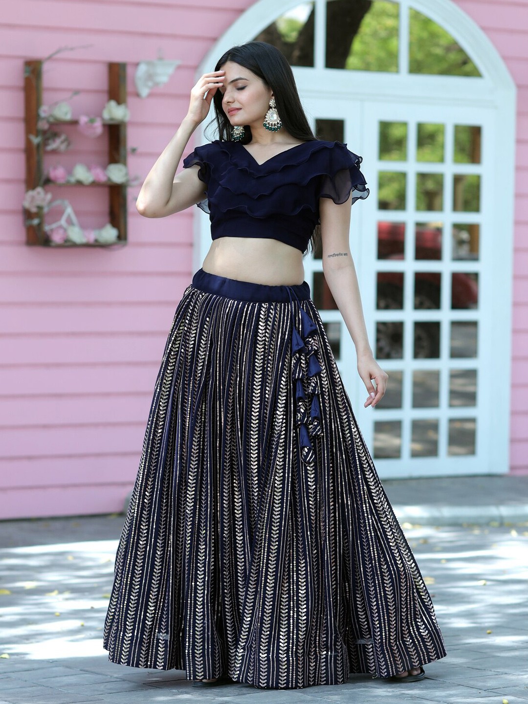 

PMD Fashion Sequin Embroidered Ruffled Lehenga With Blouse, Navy blue