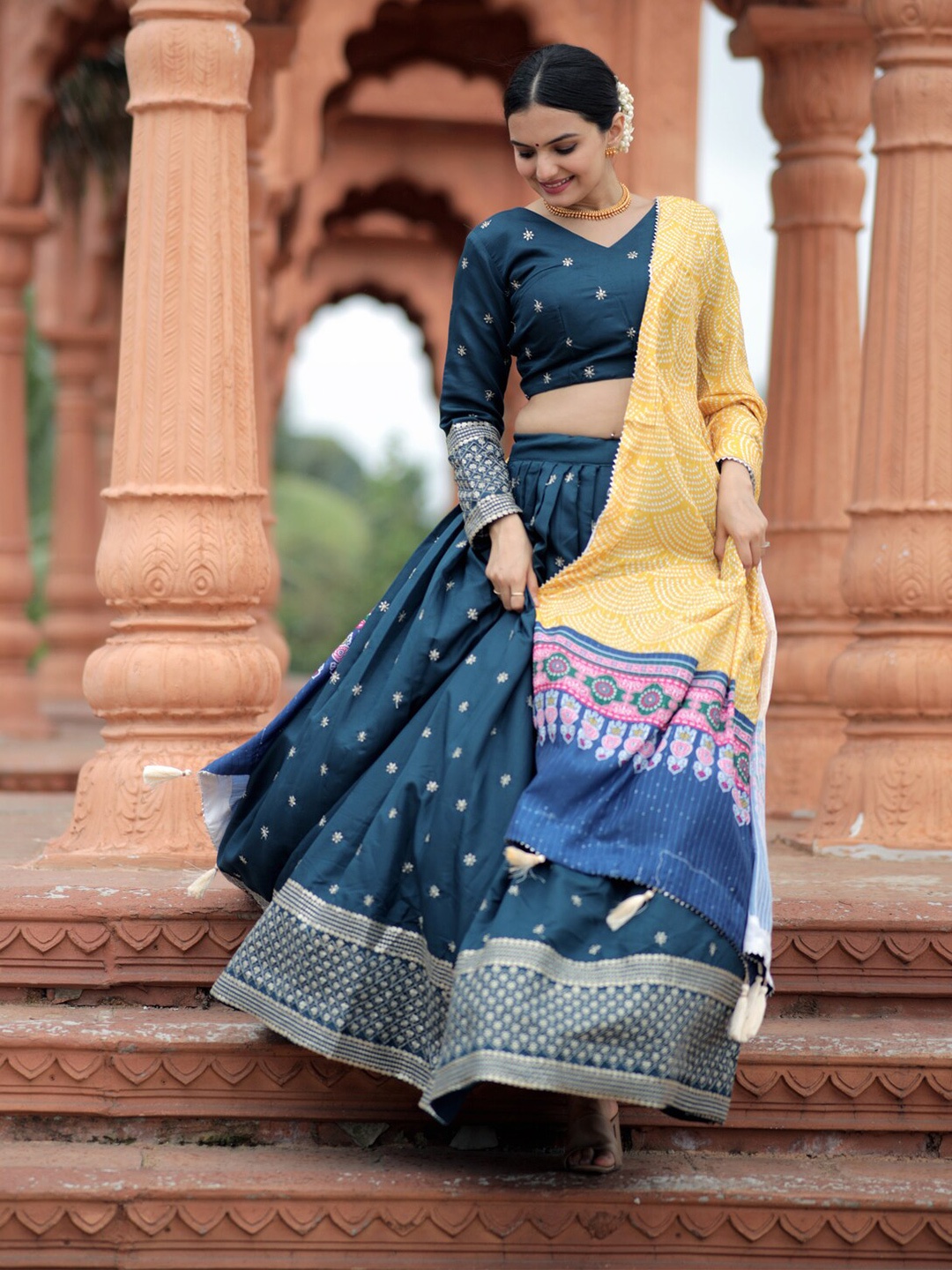 

PMD Fashion Floral Embroidered Thread Work Ready to Wear Lehenga Choli, Turquoise blue