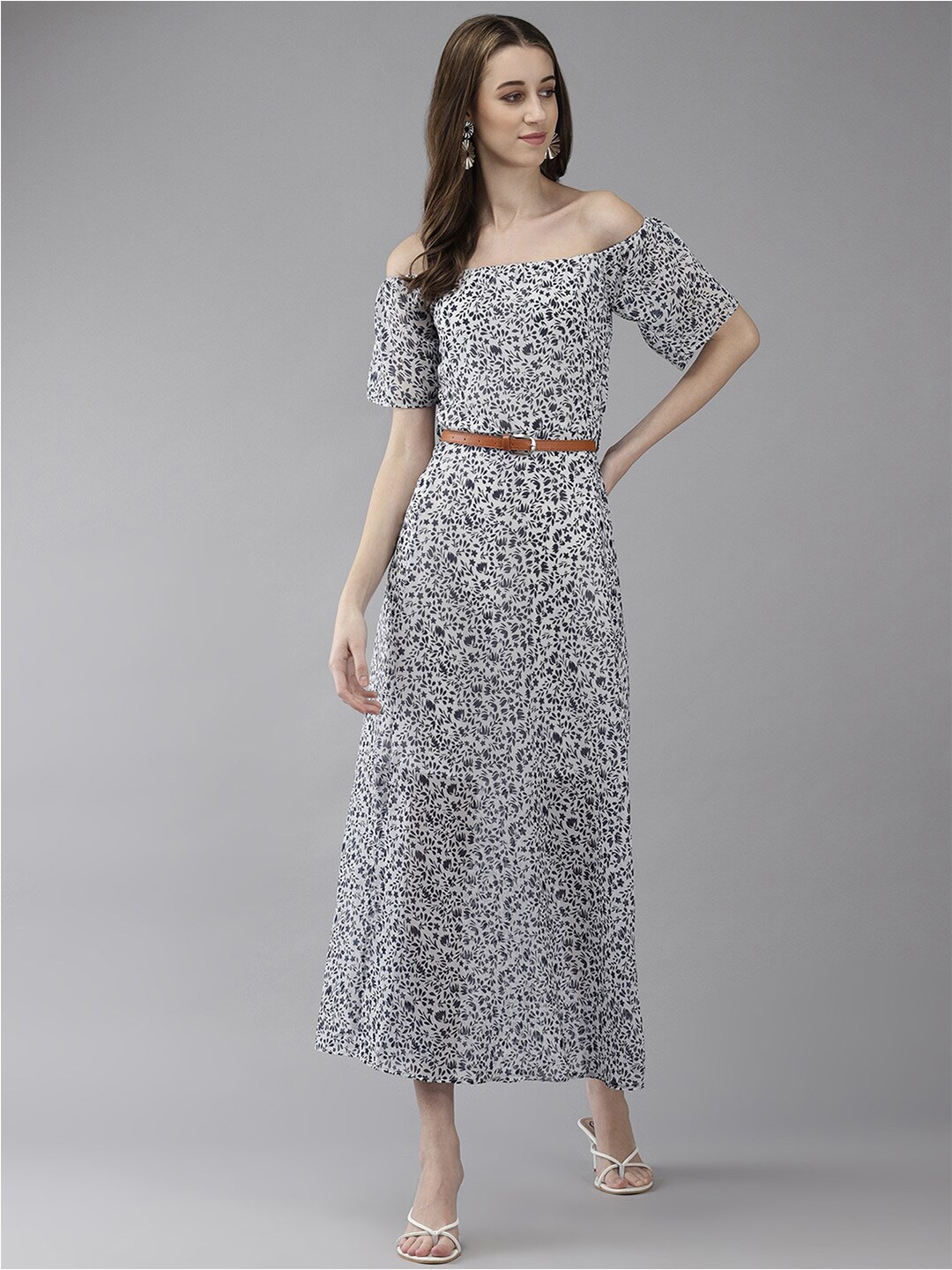 

BAESD Floral Printed Off-Shoulder A-Line Midi Dress, White