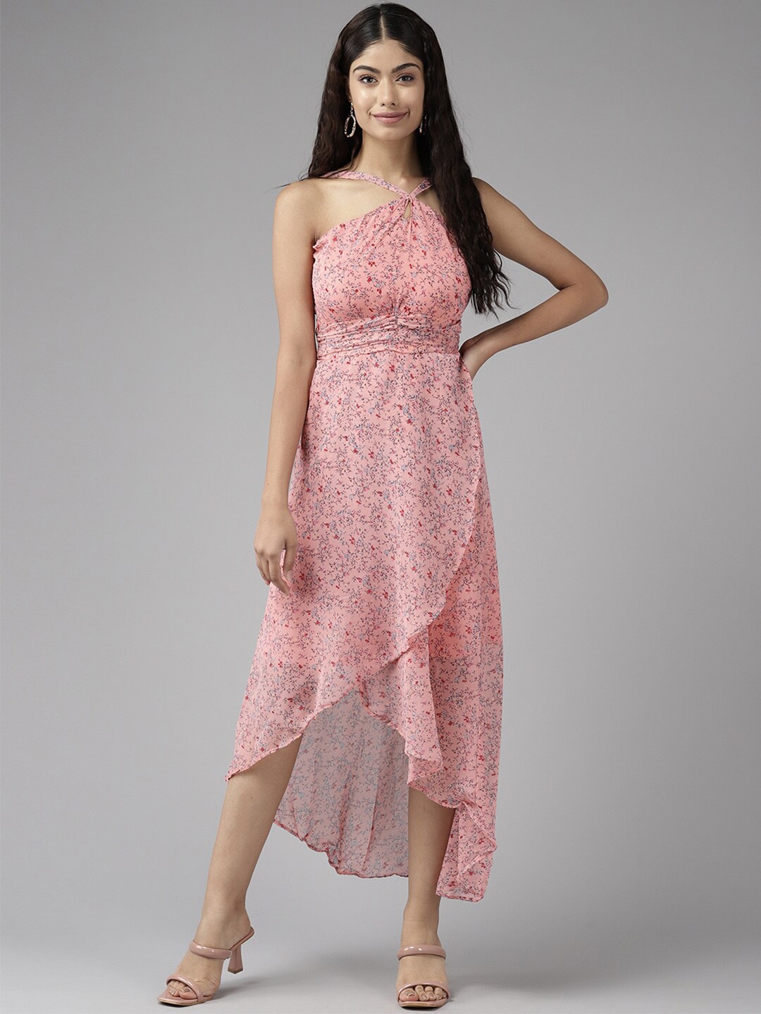 BAESD Floral Printed Shoulder Straps Pleated A-line Midi Dress, Peach