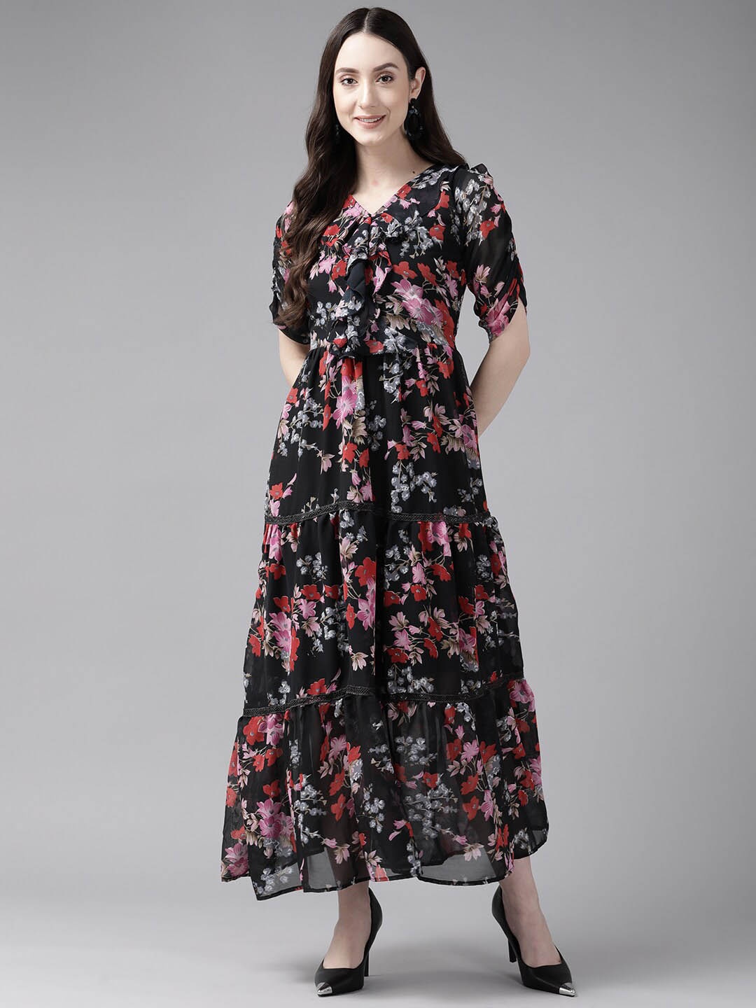 BAESD Floral Printed V-Neck Puff Sleeves Ruffles Detail Tiered A-line Midi Dress, Black