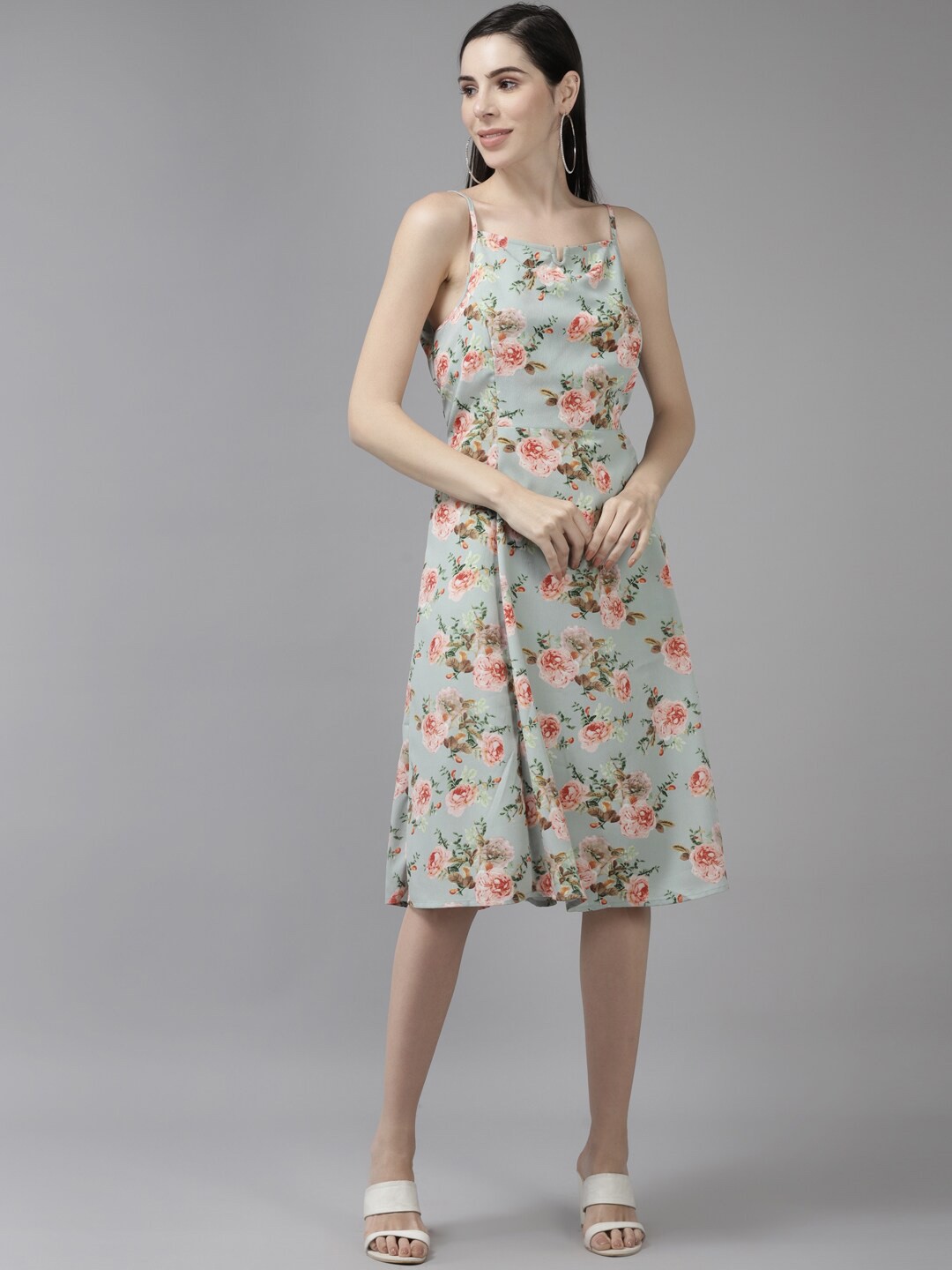 

BAESD Floral Printed Shoulder Straps Cotton A-Line Dress, Grey