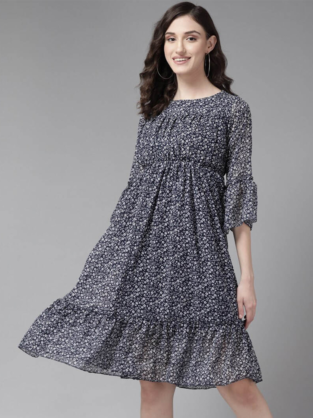 

BAESD Girls Floral Printed Georgette Fit and Flare Dress, Navy blue