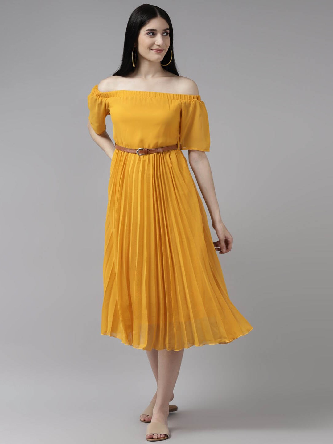 

BAESD Puff Sleeve Belted Accordion Pleats Georgette Fit & Flare Midi Dress, Yellow