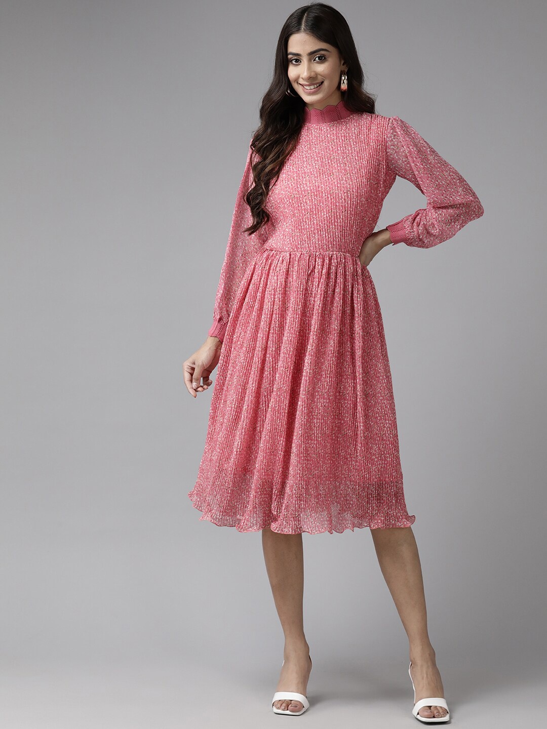 

BAESD Floral Printed High Neck Puff Sleeve Gathered & Pleated Georgette A-Line, Pink