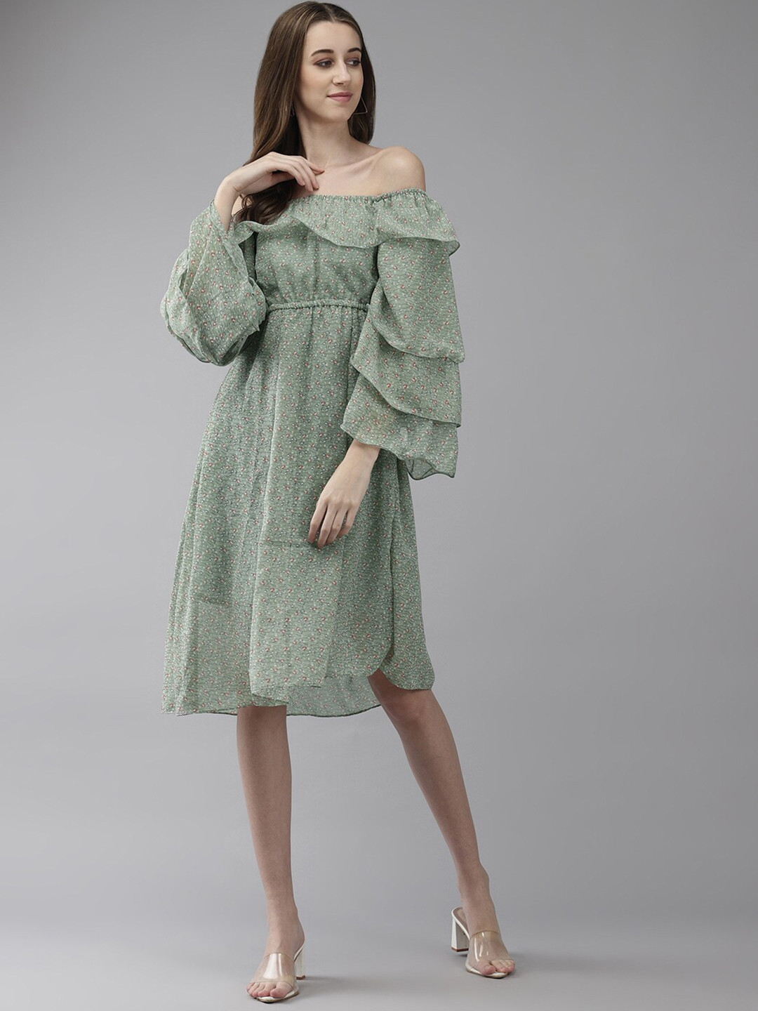 

BAESD Floral Printed Off Shoulder Layered Georgette A-Line Dress, Green