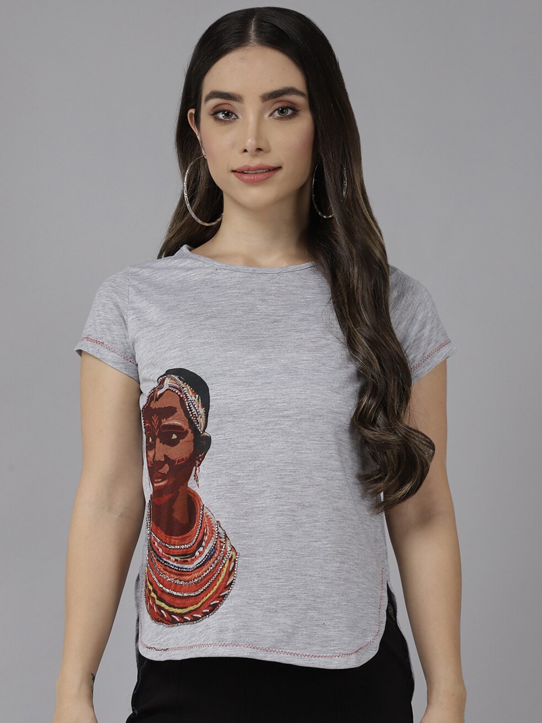 

BAESD Graphic Printed Cotton Regular Top, Grey