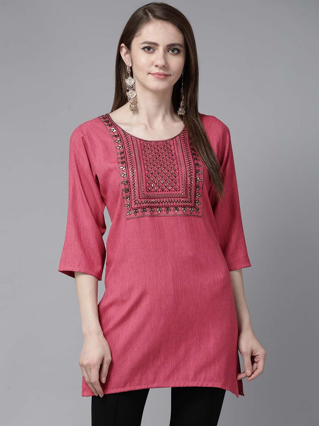 

BAESD Ethnic Motifs Embroidered Sequinned Pure Cotton A-Line Kurti, Pink