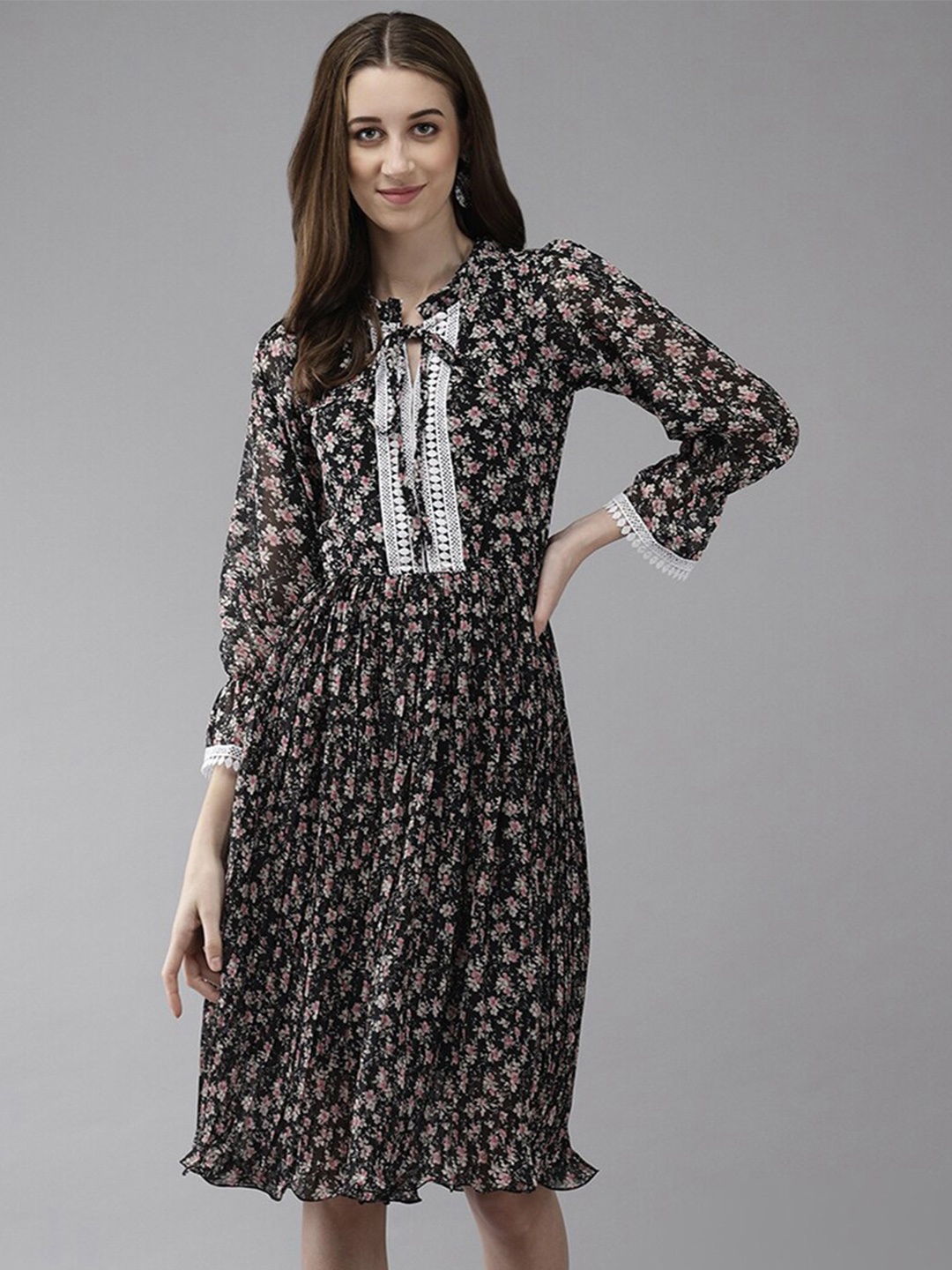 BAESD Floral Printed Mandarin Collar Georgette Fit & Flare Dress, Black
