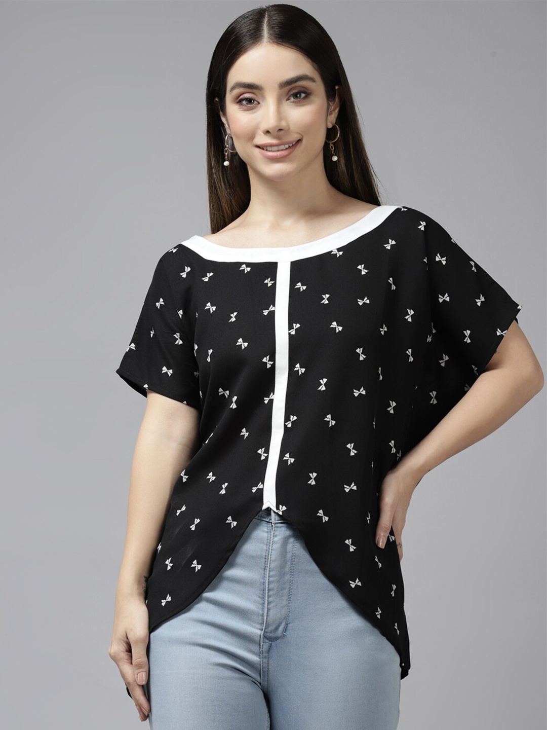 

BAESD Conversational Printed Boat Neck Extended Sleeves Regular Top, Black