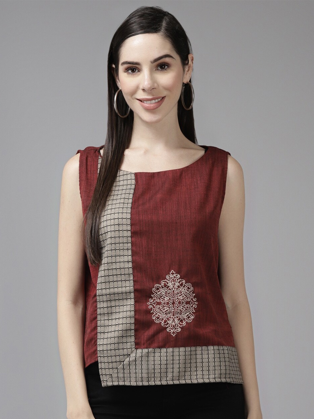 

BAESD Geometric Printed Embroidery Cotton Regular Top, Maroon