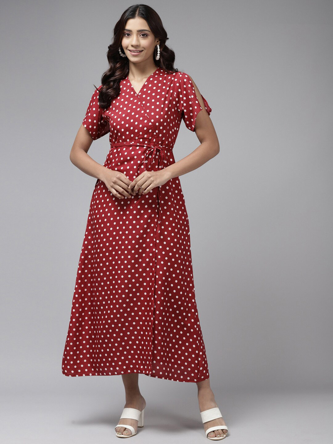 

BAESD Polka Dot Printed Georgette Maxi Dress With Belt, Maroon