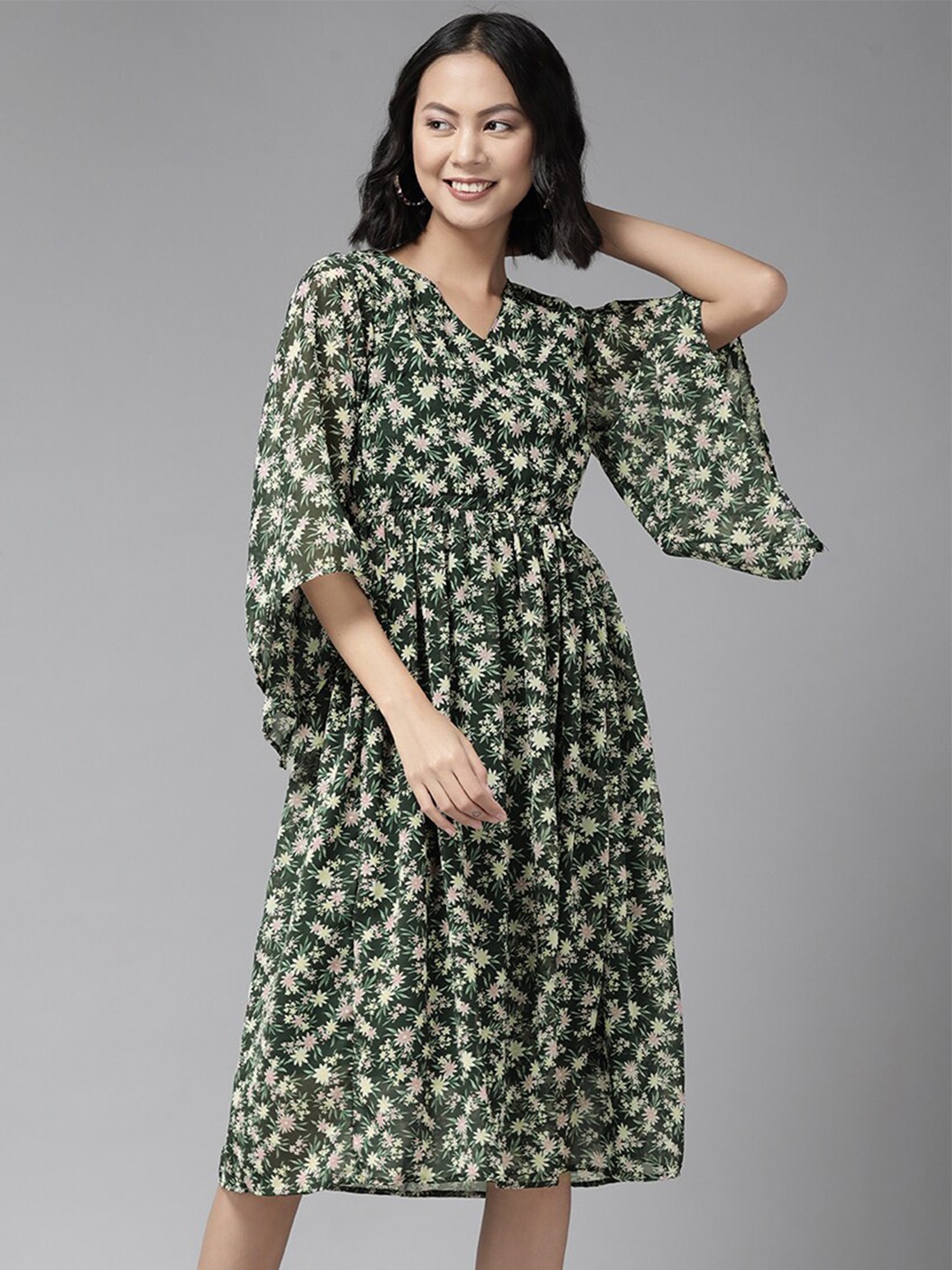 

BAESD Floral Print Bell Sleeve Georgette A-Line Dress, Green