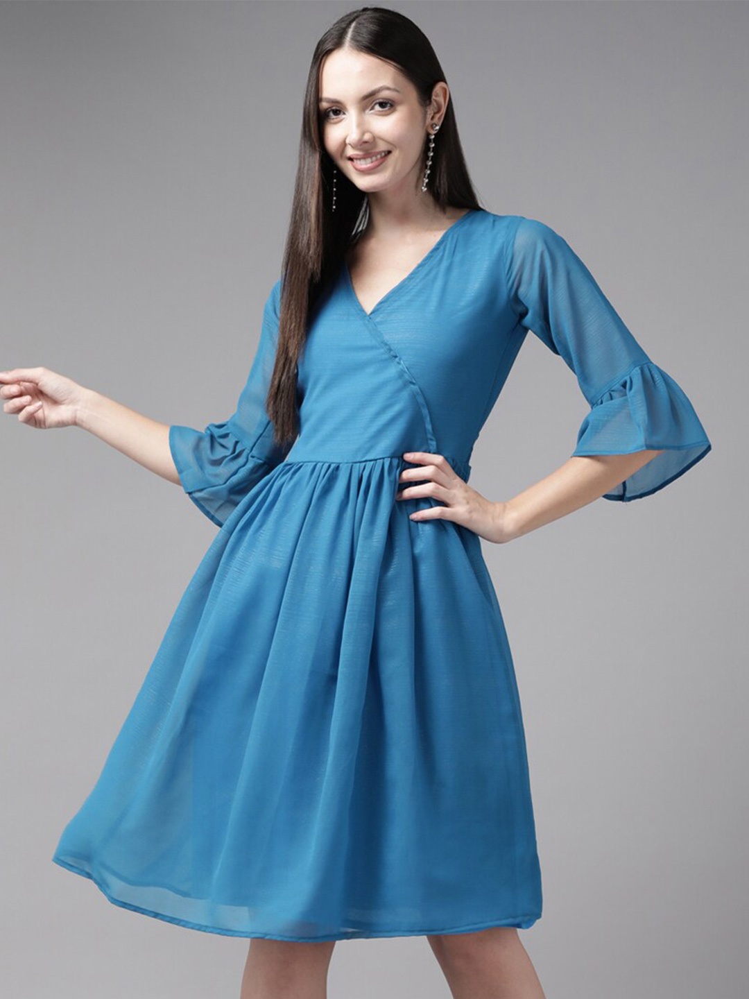

BAESD Bell Sleeve Georgette Fit and Flare Dress, Blue