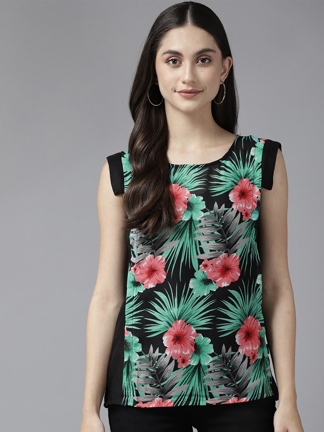 

BAESD Floral Print Sleeveless Cotton Top, Black