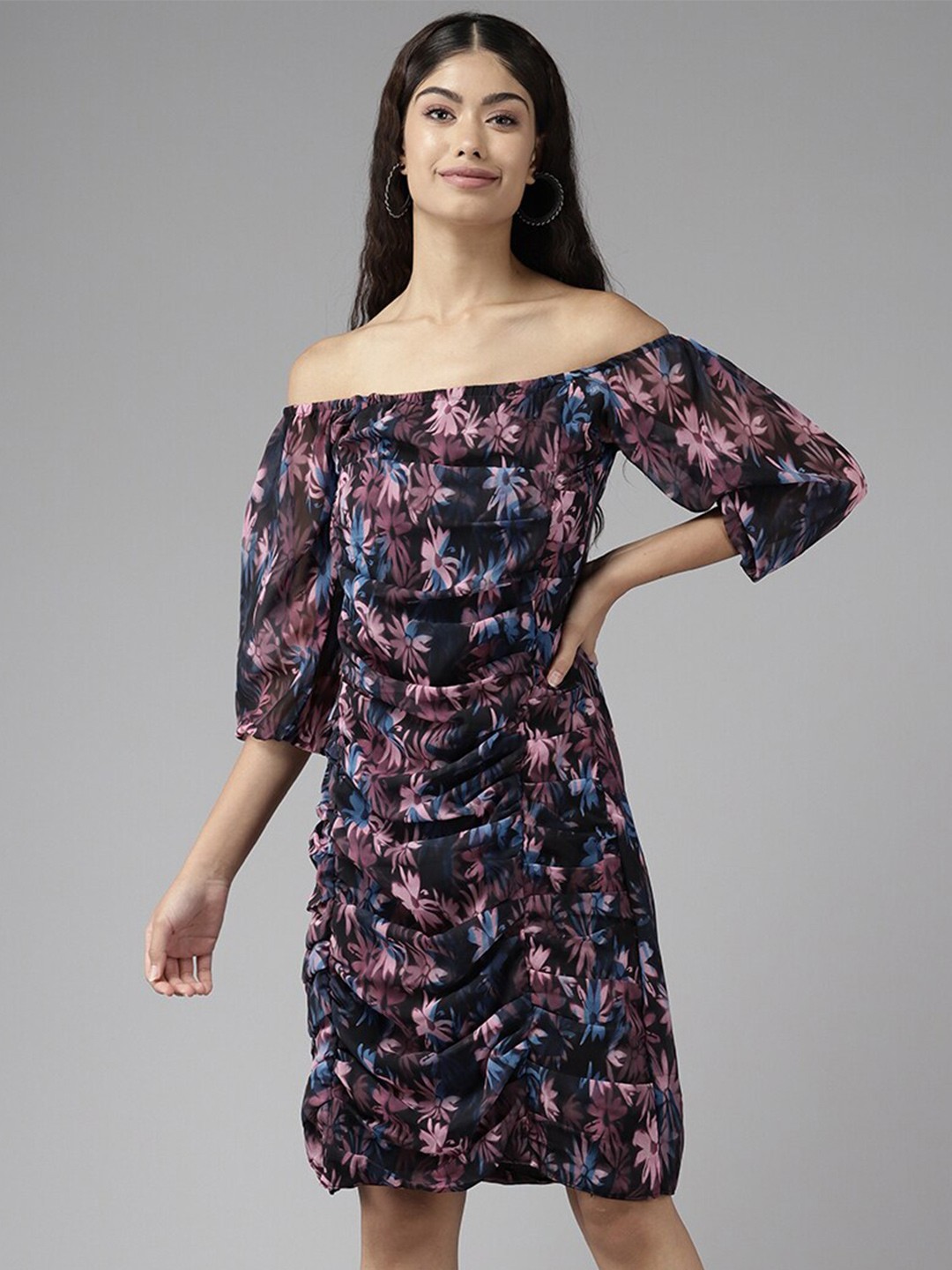 

BAESD Floral Print Off-Shoulder Puff Sleeve Georgette Sheath Dress, Black