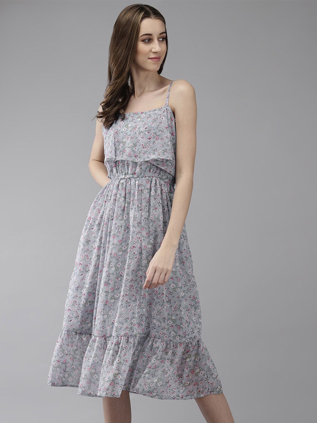 

BAESD Floral Printed Shoulder straps Georgette A-Line Dress, Grey