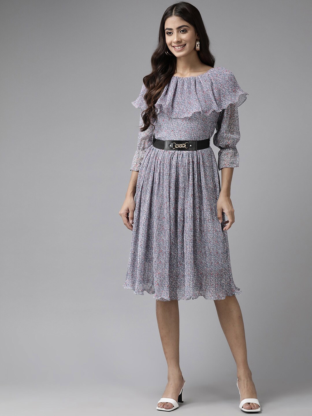 

BAESD Print Puff Sleeve Georgette Fit & Flare Dress, Grey