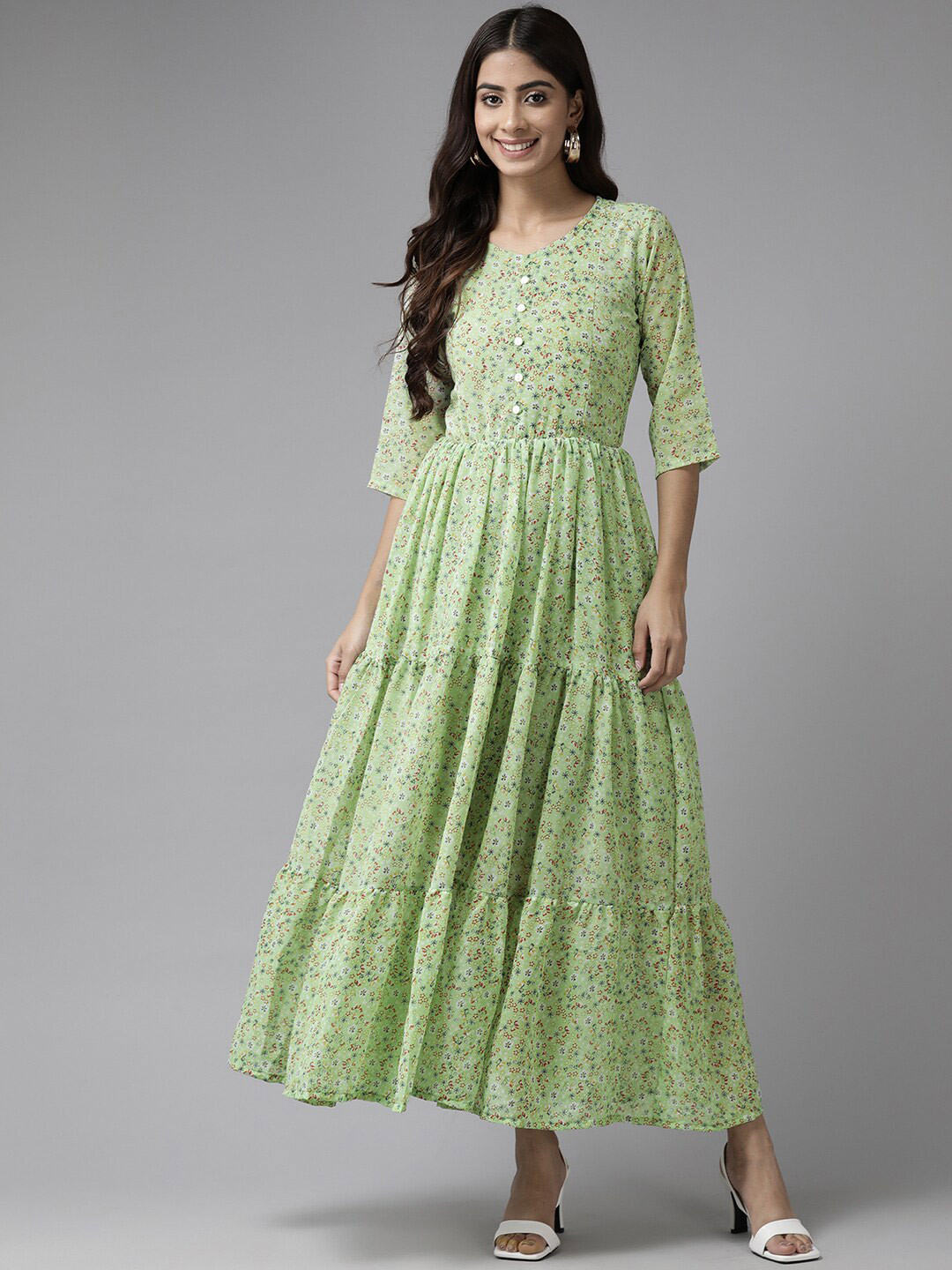

BAESD Floral Printed Tiered Georgette Fit and Flare Dress, Green