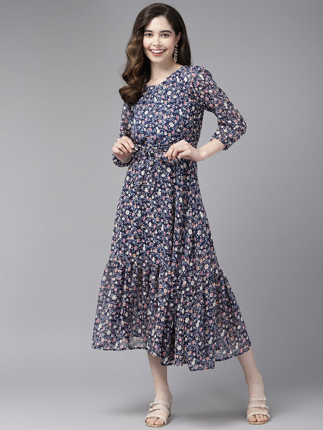 

BAESD Floral Printed Round Neck Fit and Flare Midi Dress, Navy blue
