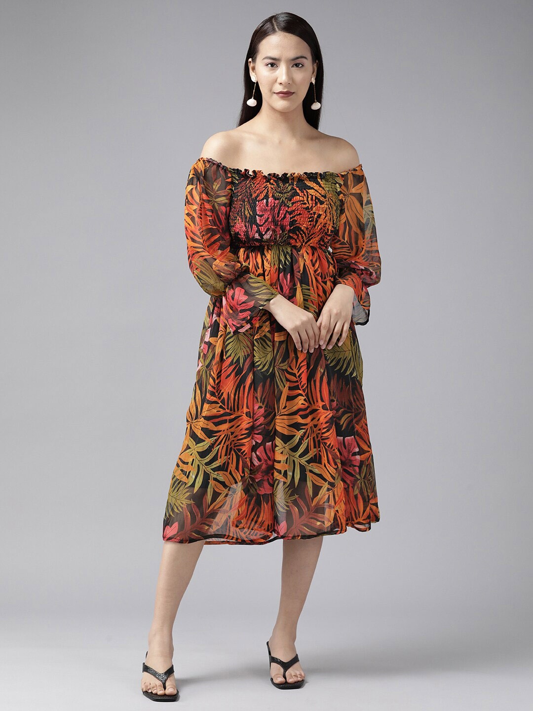 

BAESD Tropical Printed Off Shoulder Georgette Fit and Flare Midi Dress, Black
