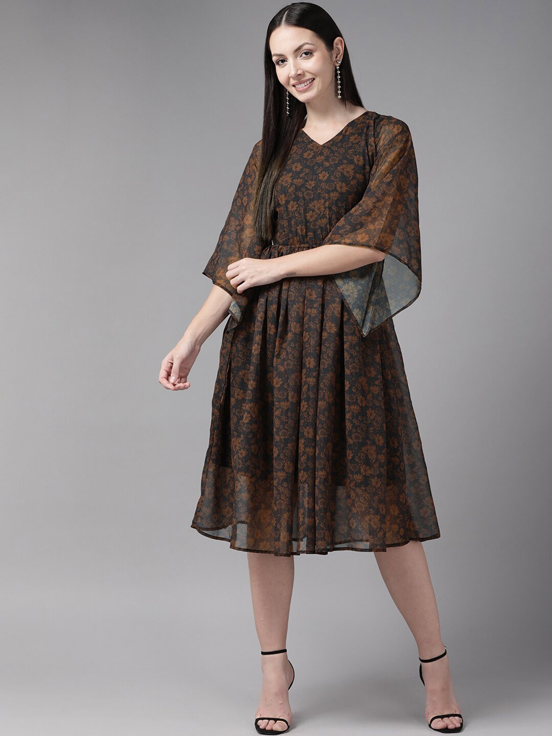 

BAESD Floral Printed Georgette Fit & Flare Midi Dress, Brown