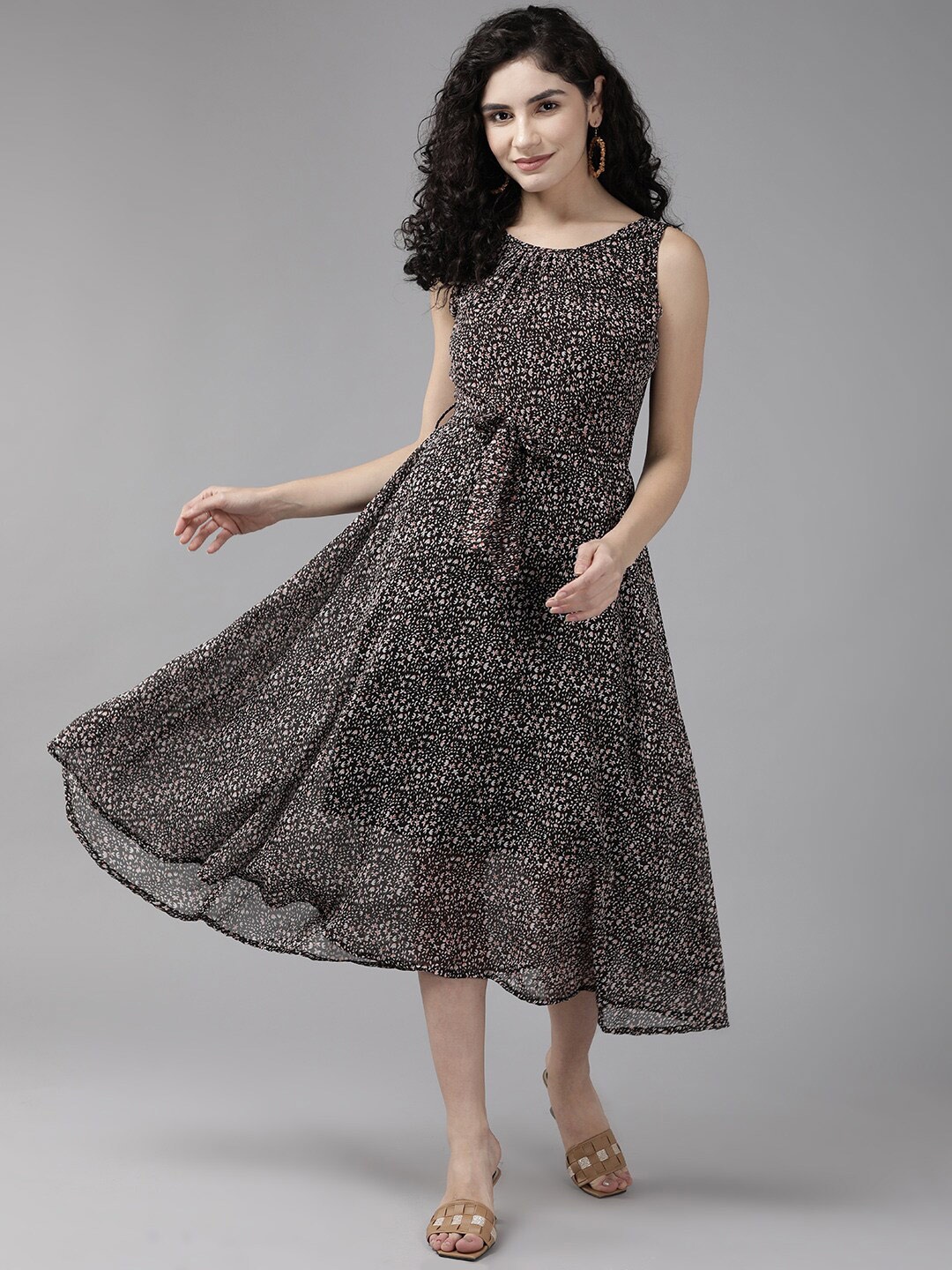 

BAESD Floral Printed Tie Ups A-Line Midi Dress, Black