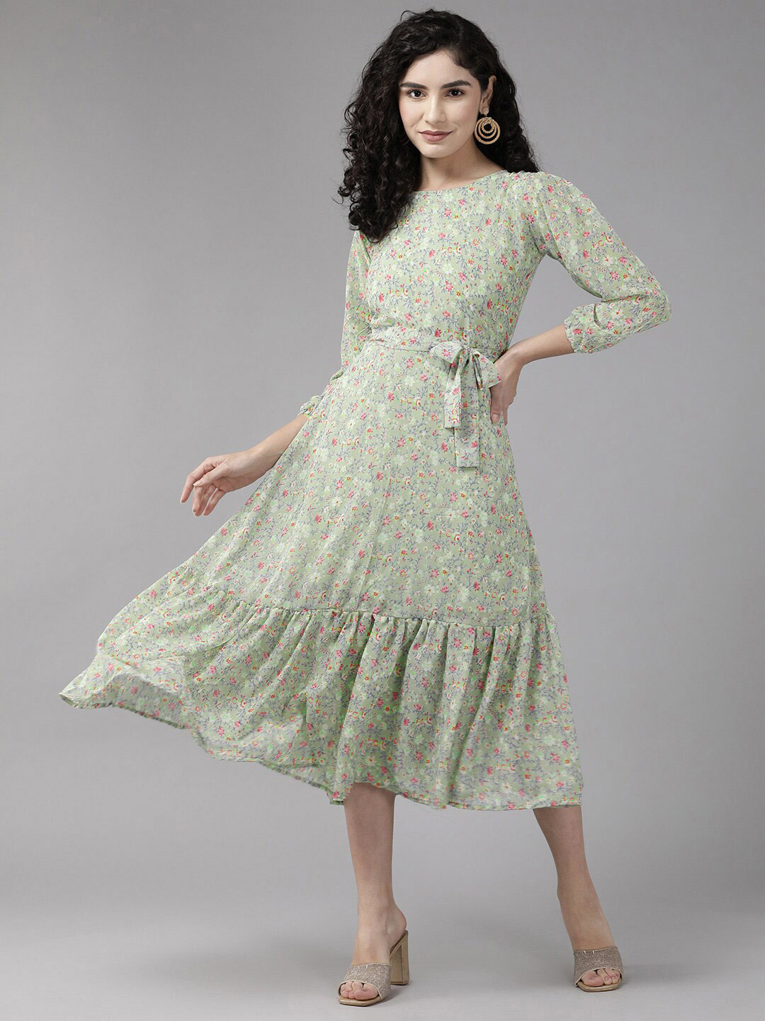

BAESD Floral Printed Georgette A-Line Midi Dress, Green