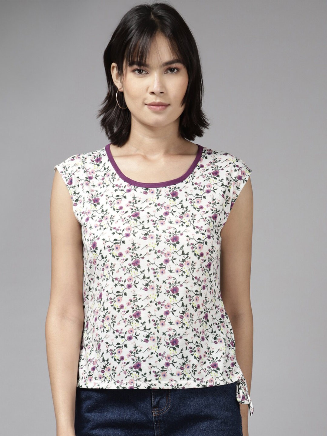 

BAESD Floral Printed Extended Sleeves Cotton Top, Purple