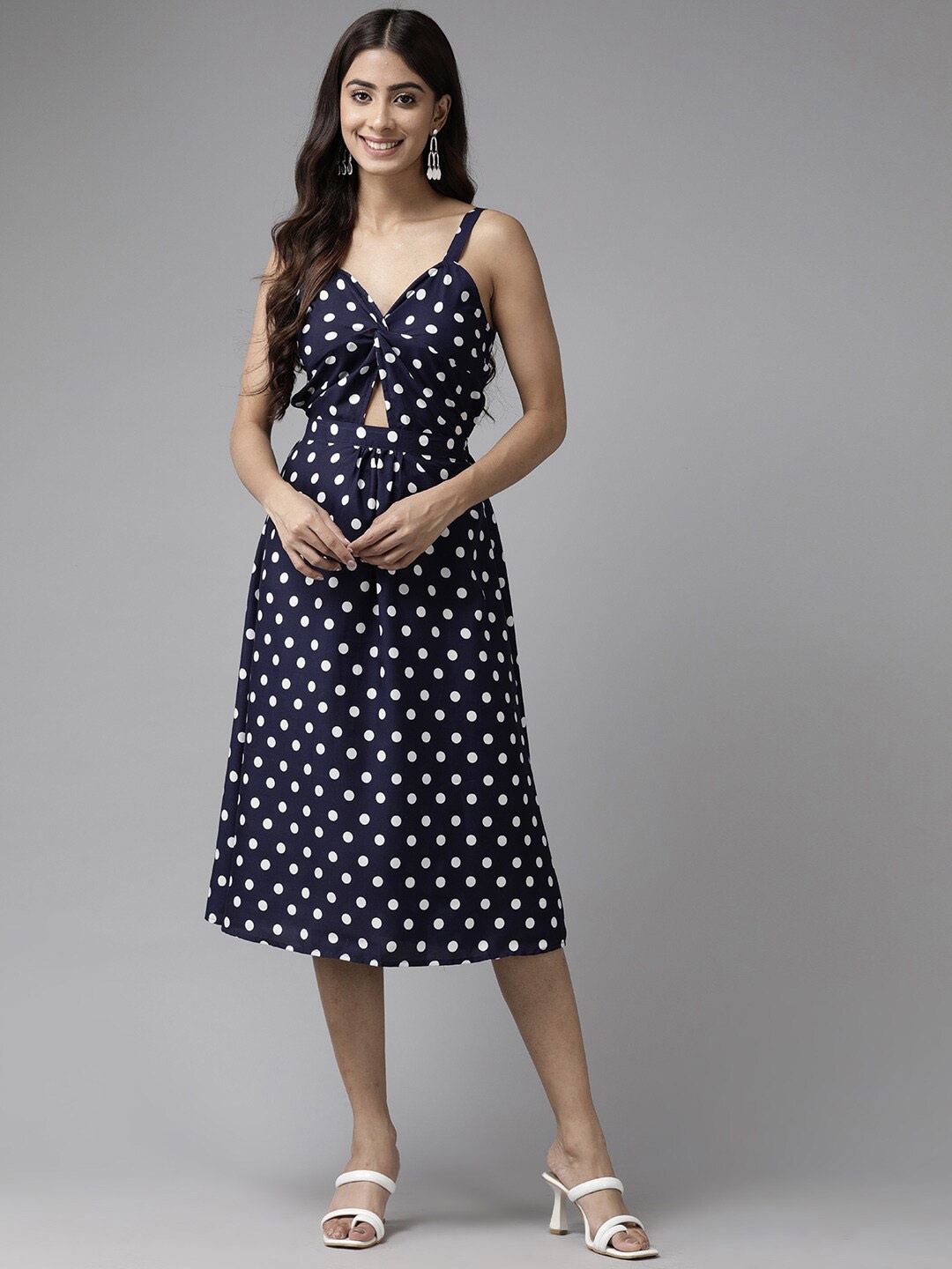 

BAESD Polka Dot Printed Shoulder Straps Cut-Outs Detail A-Line Dress, Navy blue