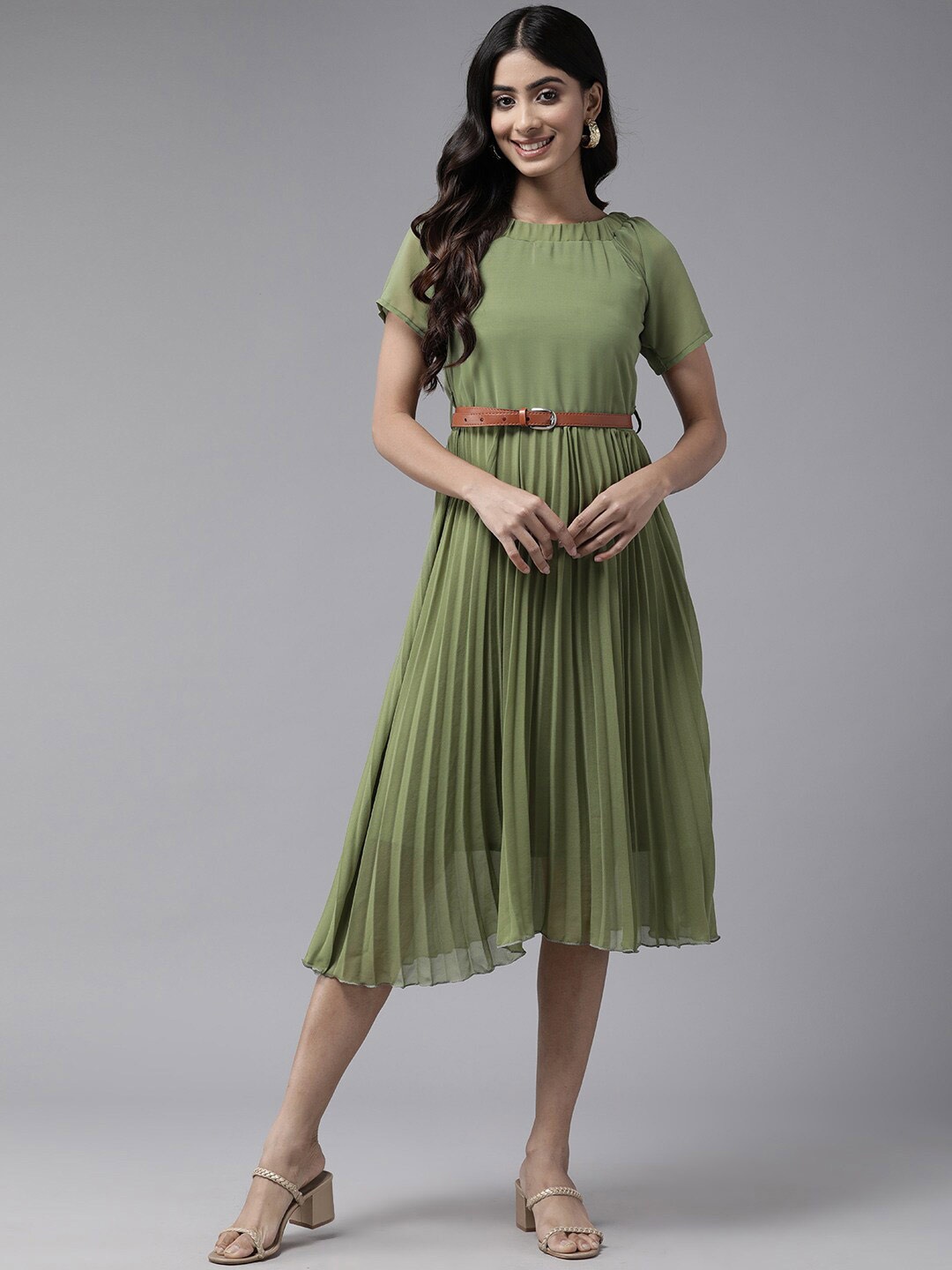 

BAESD Accordion Pleated Fit & Flare Midi Dress, Olive