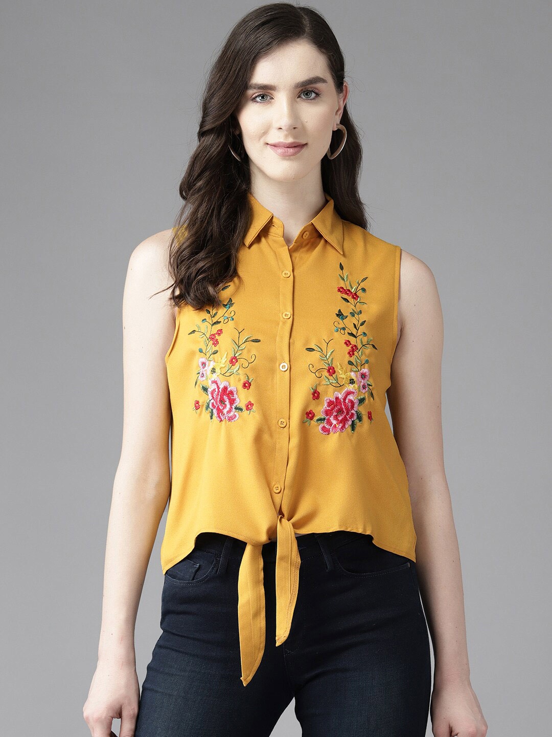 

BAESD Floral Embroidered Waist Tie-Up Shirt Style Top, Yellow