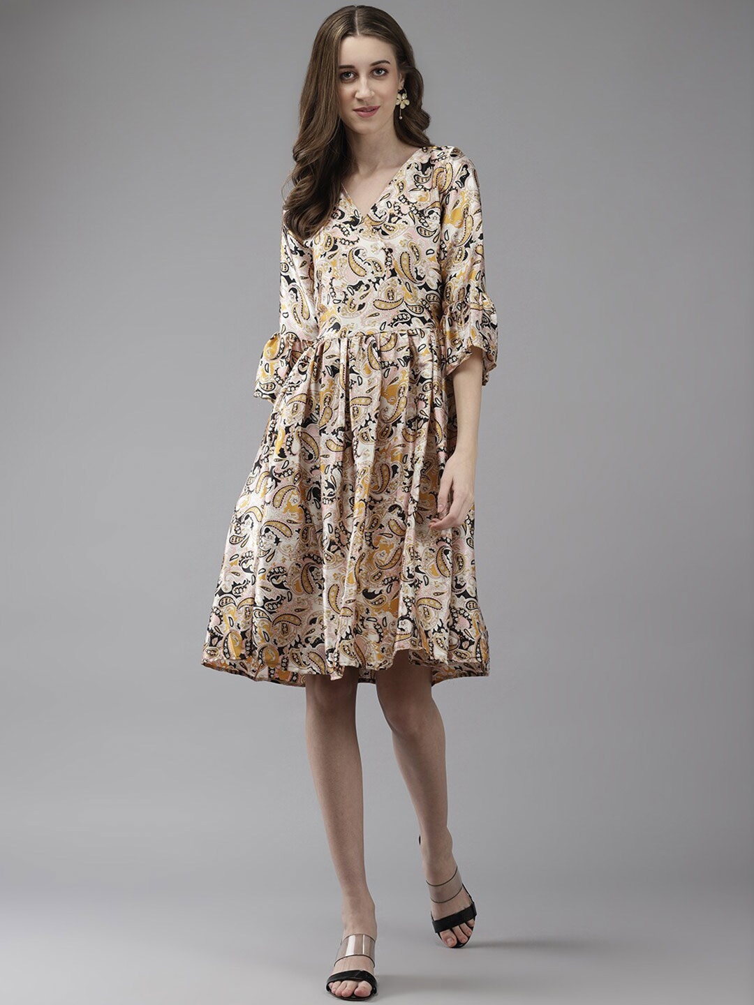 

BAESD Ethnic Motifs Printed Bell Sleeves Wrap Dress, Beige