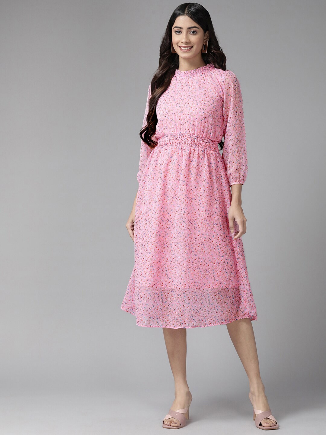 

BAESD Floral Printed Puff Sleeve Fit & Flare Midi Dress, Pink